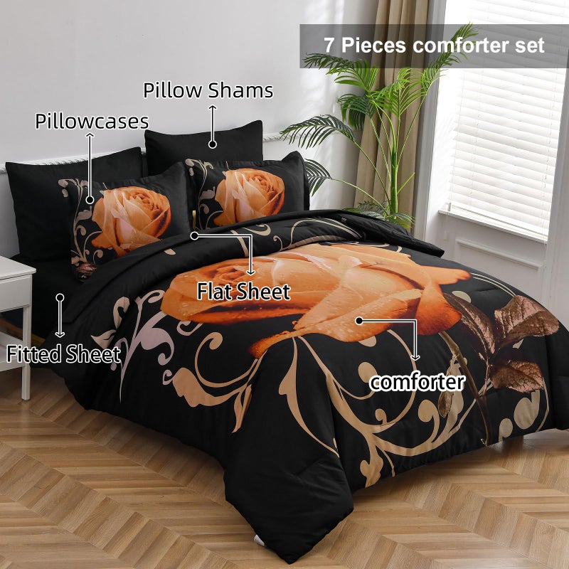 Xruibed Floral Comforter Set King 7 Piece Bed in a Bag Orange Rose Flower Comforter with Sheet Set Soft Micorfiber Bedding Set (1 Comforter,2 Pillow Shams,1 Flat Sheet,1 Fitted Sheet,2 Pillowcases) - Image 2